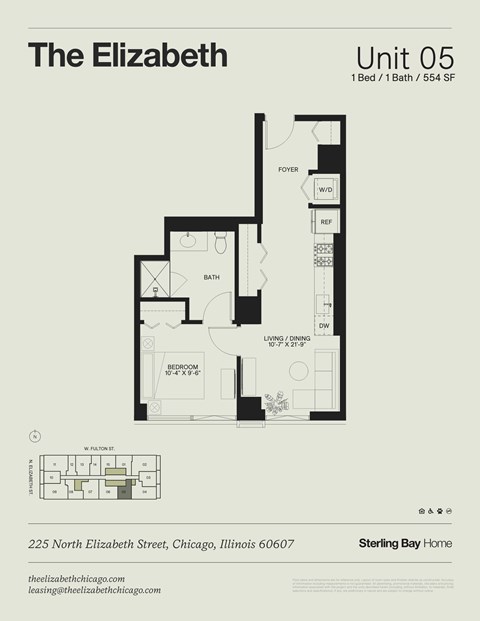 Floor plan for 1 bed, 1 bath, 554 sqft